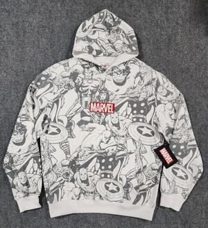 NWT Marvel Comic All Over Print Hoodie Men M Cream Embroidered Logo Pullover
